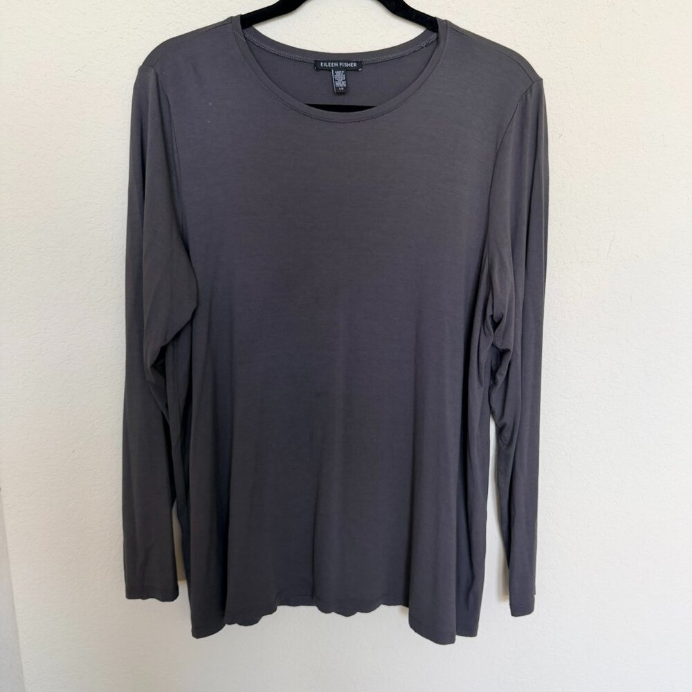 Eileen Fisher Rayon Stretch Long Sleeve Crew Neck Top Charcoal Gray Size L